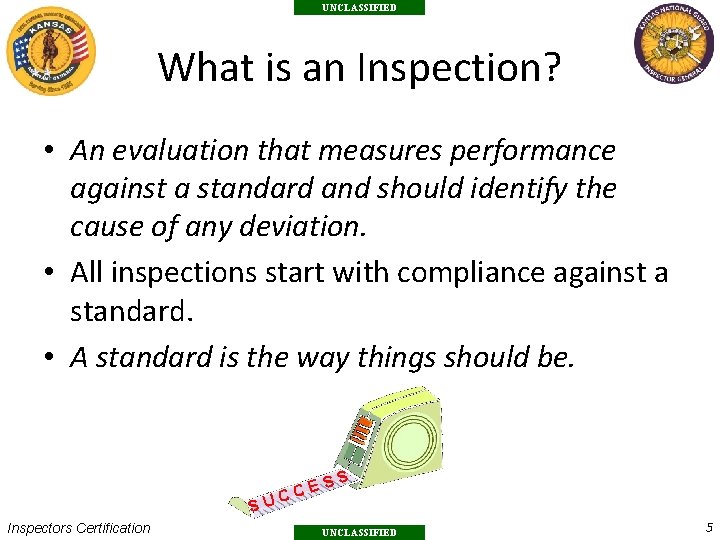 UNCLASSIFIED What is an Inspection? • An evaluation that measures performance against a standard