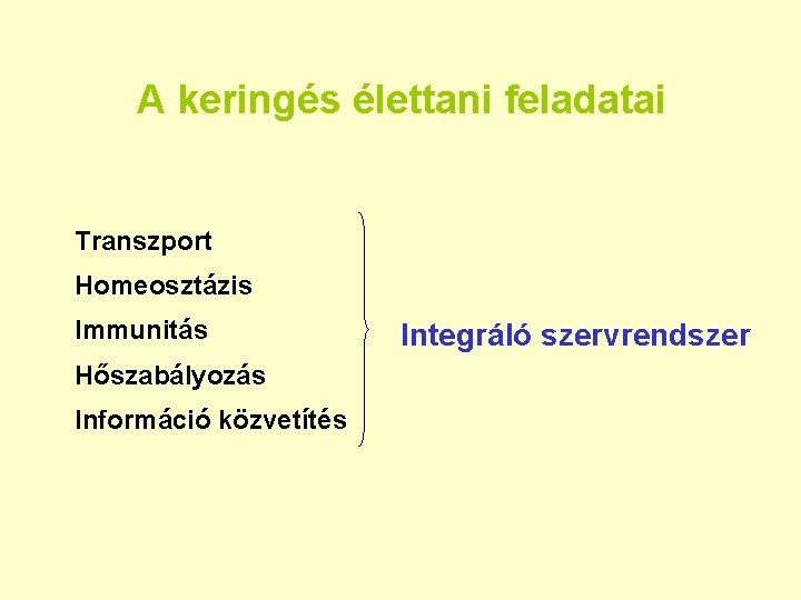 A keringés élettani feladatai Transzport Homeosztázis Immunitás Hőszabályozás Információ közvetítés Integráló szervrendszer 