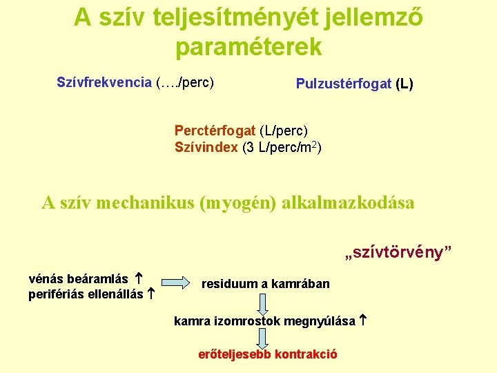 A szív teljesítményét jellemző paraméterek Szívfrekvencia (…. /perc) Pulzustérfogat (L) Perctérfogat (L/perc) Szívindex (3