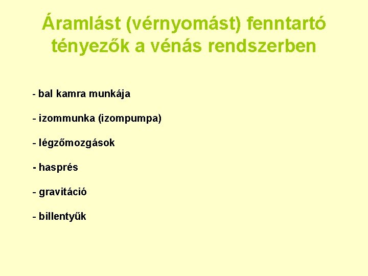 Áramlást (vérnyomást) fenntartó tényezők a vénás rendszerben - bal kamra munkája - izommunka (izompumpa)