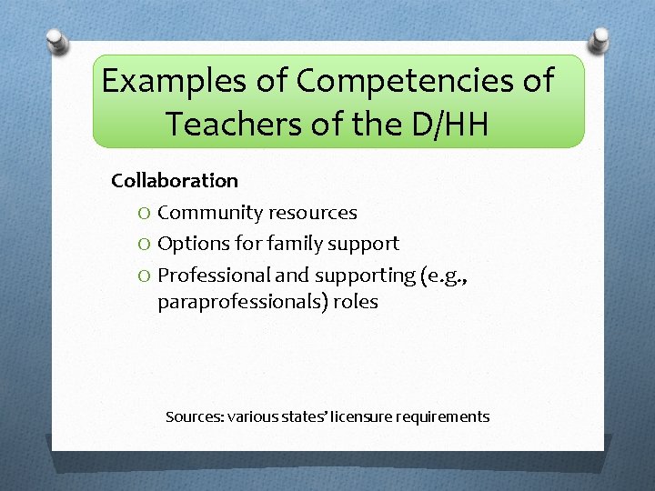 Examples of Competencies of Teachers of the D/HH Collaboration O Community resources O Options