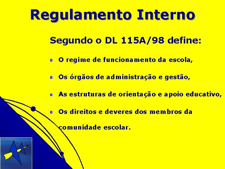 Regulamento Interno Segundo o DL 115 A/98 define: O regime de funcionamento da escola,