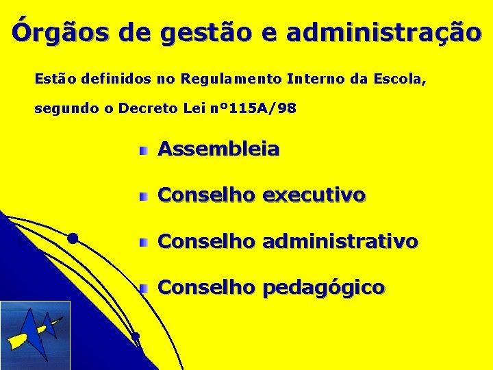 Órgãos de gestão e administração Estão definidos no Regulamento Interno da Escola, segundo o