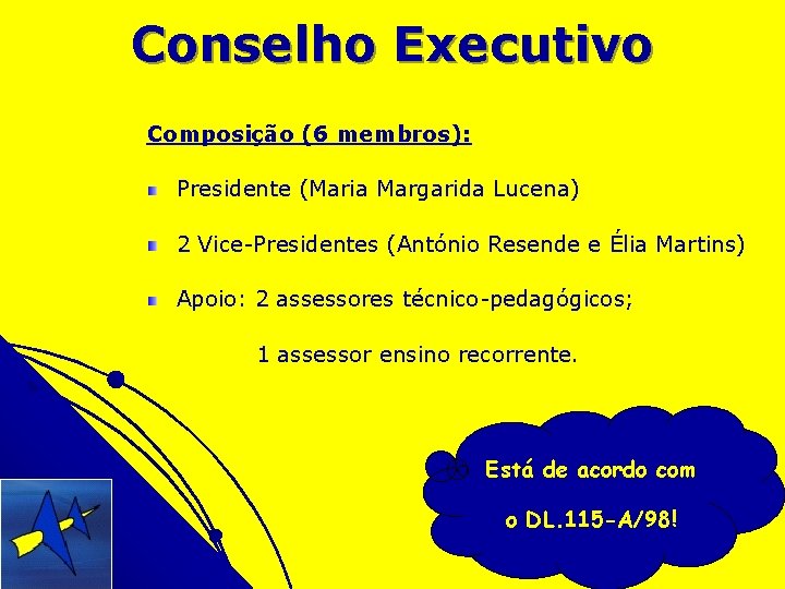 Conselho Executivo Composição (6 membros): Presidente (Maria Margarida Lucena) 2 Vice-Presidentes (António Resende e