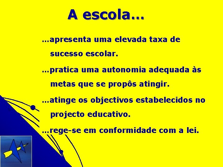 A escola… …apresenta uma elevada taxa de sucesso escolar. …pratica uma autonomia adequada às