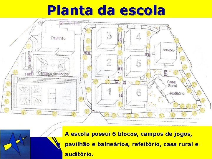 Planta da escola A escola possui 6 blocos, campos de jogos, pavilhão e balneários,