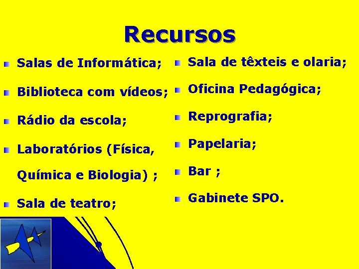 Recursos Salas de Informática; Sala de têxteis e olaria; Biblioteca com vídeos; Oficina Pedagógica;