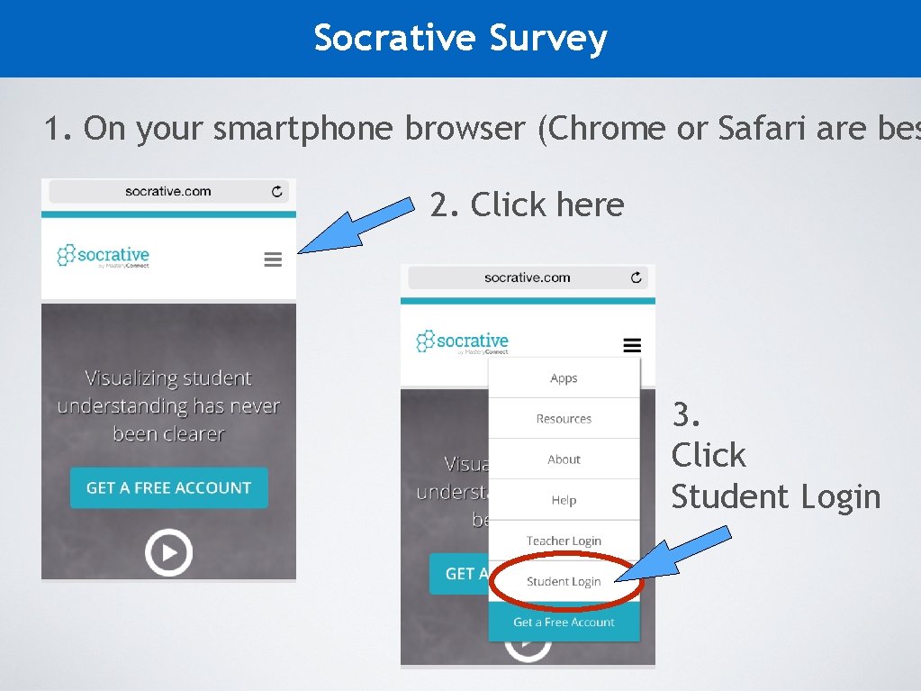 Socrative Survey 1. On your smartphone browser (Chrome or Safari are bes 2. Click