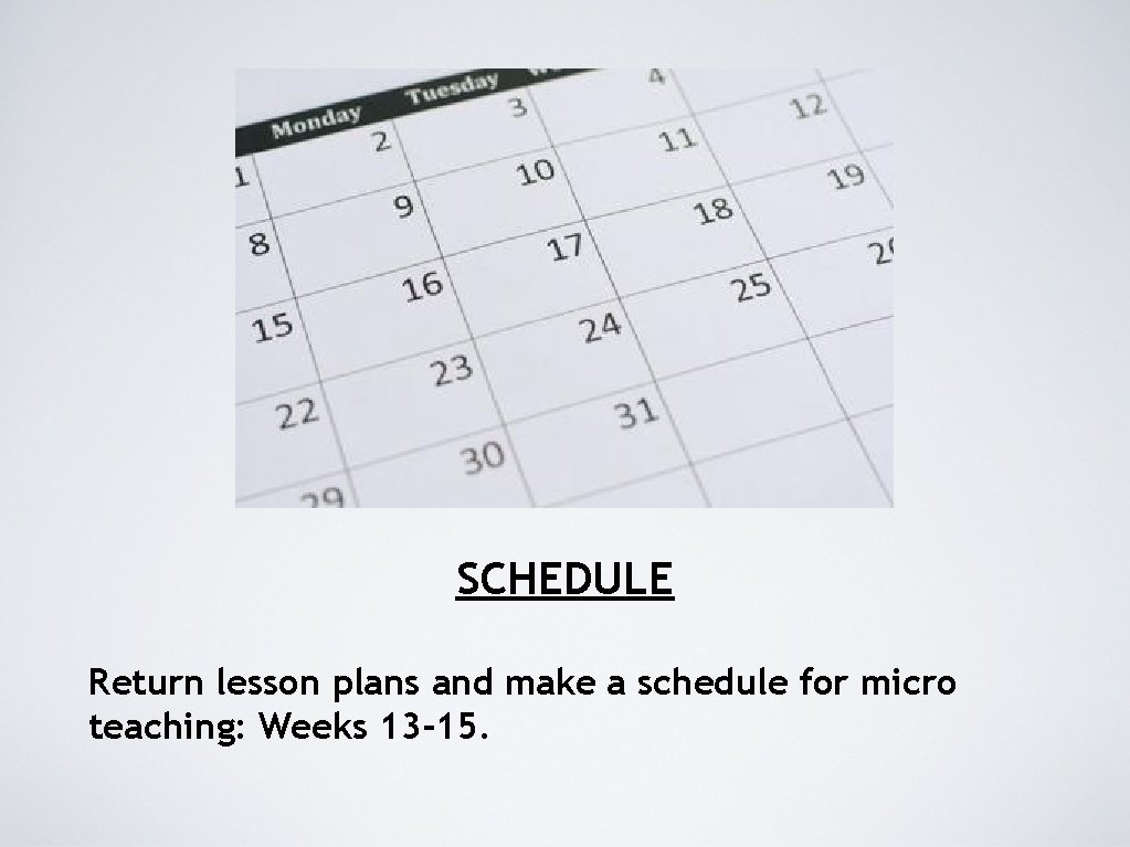 SCHEDULE Return lesson plans and make a schedule for micro teaching: Weeks 13 -15.