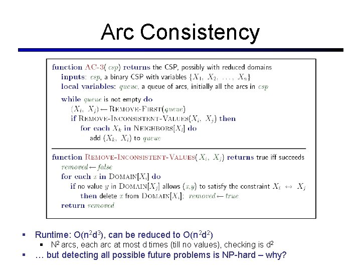 Arc Consistency § Runtime: O(n 2 d 3), can be reduced to O(n 2