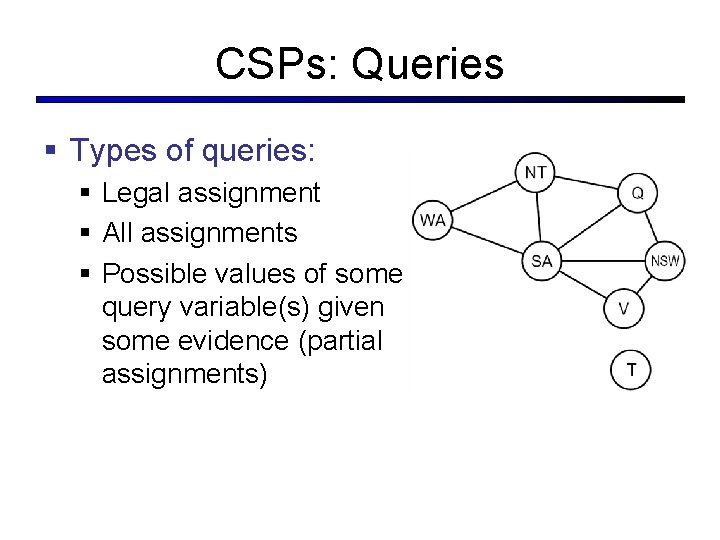 CSPs: Queries § Types of queries: § Legal assignment § All assignments § Possible