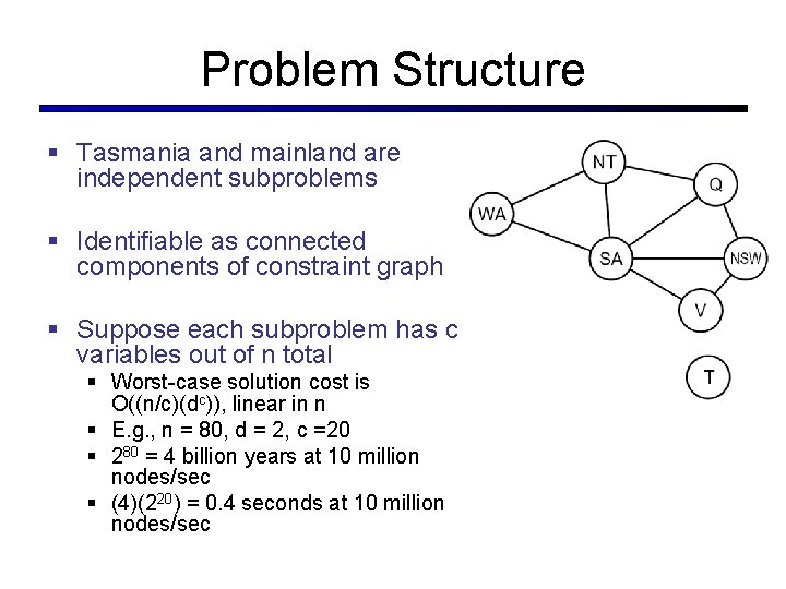 Problem Structure § Tasmania and mainland are independent subproblems § Identifiable as connected components
