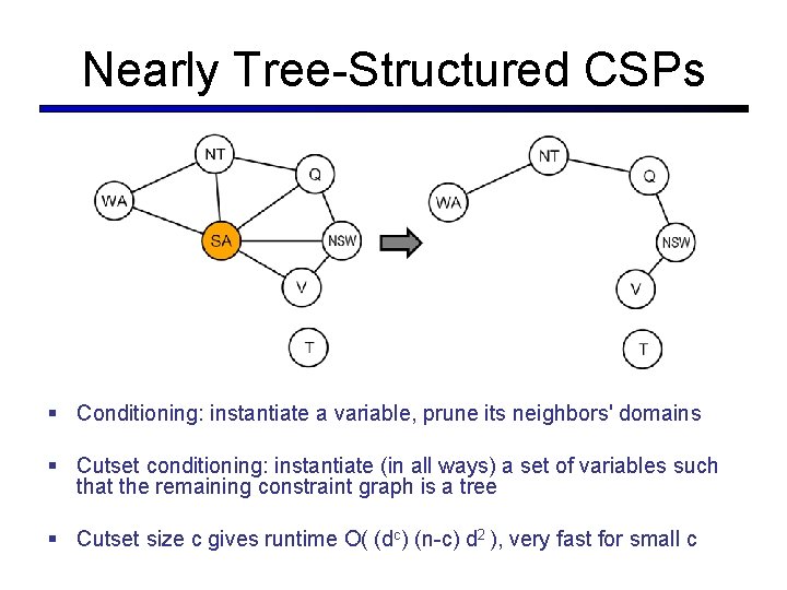 Nearly Tree-Structured CSPs § Conditioning: instantiate a variable, prune its neighbors' domains § Cutset