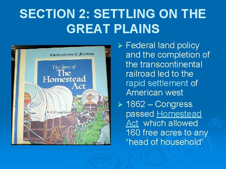 SECTION 2: SETTLING ON THE GREAT PLAINS Federal land policy and the completion of SECTION 2: SETTLING ON THE GREAT PLAINS Federal land policy and the completion of