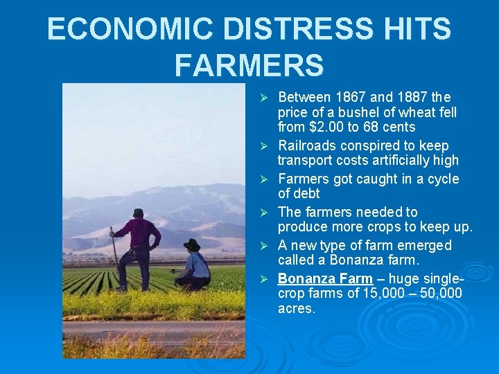 ECONOMIC DISTRESS HITS FARMERS Ø Ø Ø Between 1867 and 1887 the price of ECONOMIC DISTRESS HITS FARMERS Ø Ø Ø Between 1867 and 1887 the price of