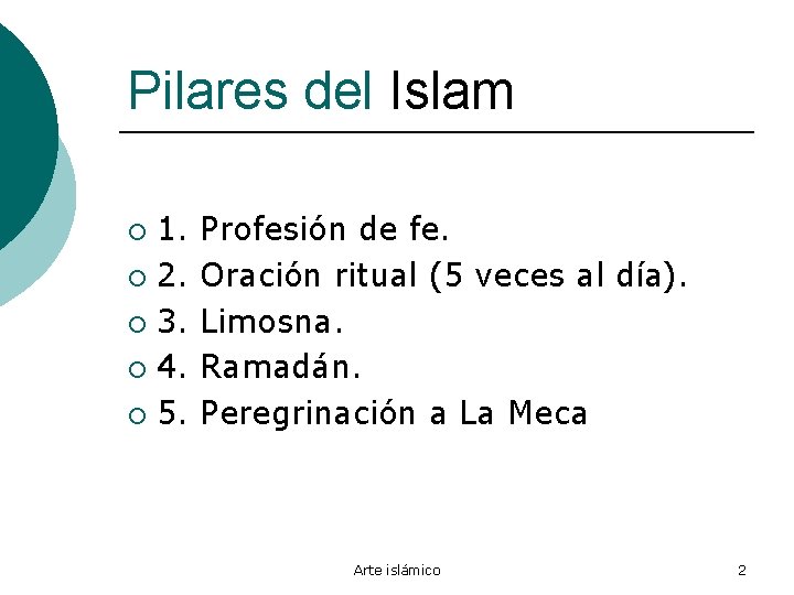 Pilares del Islam 1. ¡ 2. ¡ 3. ¡ 4. ¡ 5. ¡ Profesión