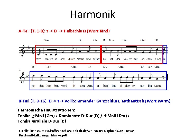 Harmonik A-Teil (T. 1 -8): t -> D -> Halbschluss (Wort Kind) B-Teil (T.