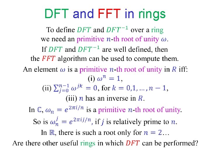 DFT and FFT in rings DFT and FFT in rings