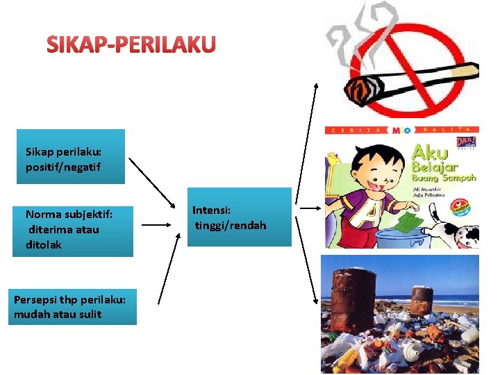 SIKAP-PERILAKU Sikap perilaku: positif/negatif Norma subjektif: diterima atau ditolak Persepsi thp perilaku: mudah atau