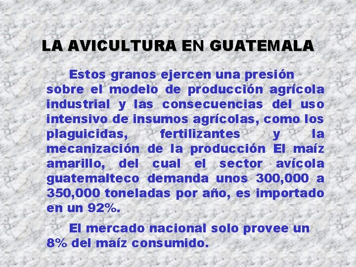 LA AVICULTURA EN GUATEMALA Estos granos ejercen una presión sobre el modelo de producción LA AVICULTURA EN GUATEMALA Estos granos ejercen una presión sobre el modelo de producción