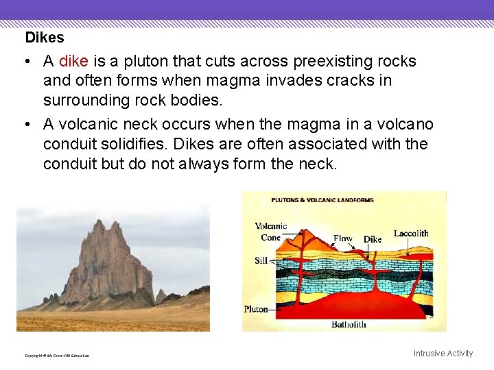Dikes • A dike is a pluton that cuts across preexisting rocks and often