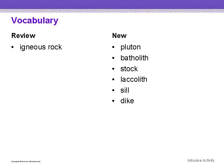 Vocabulary Review New • igneous rock • • • Copyright © Mc. Graw-Hill Education