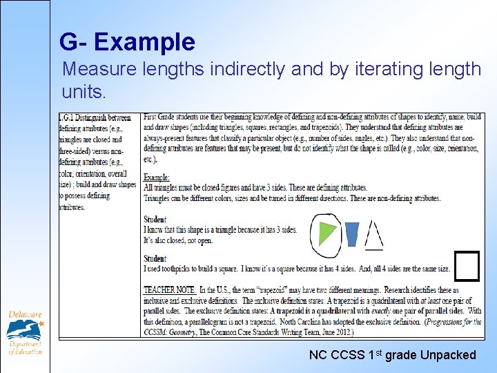 G- Example Measure lengths indirectly and by iterating length units. NC CCSS 1 st