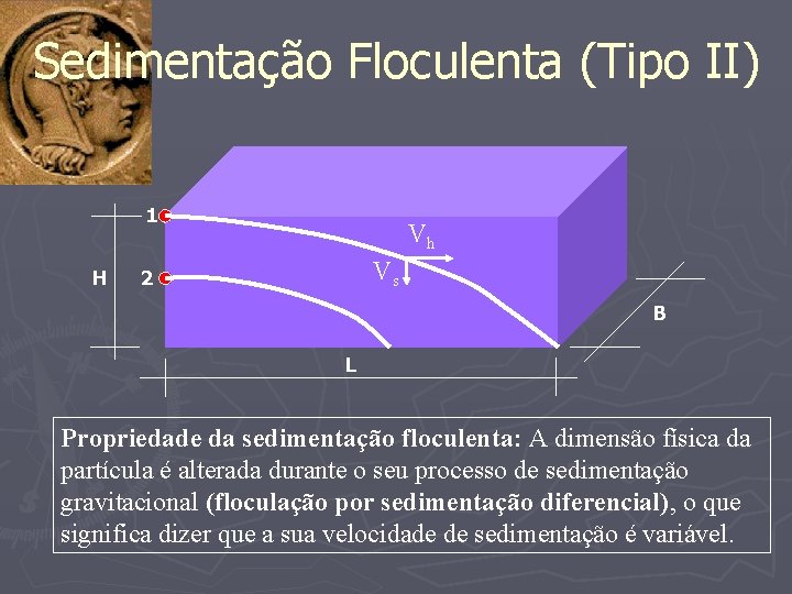 Sedimentação Floculenta (Tipo II) 1 H Vh Vs 2 B L Propriedade da sedimentação