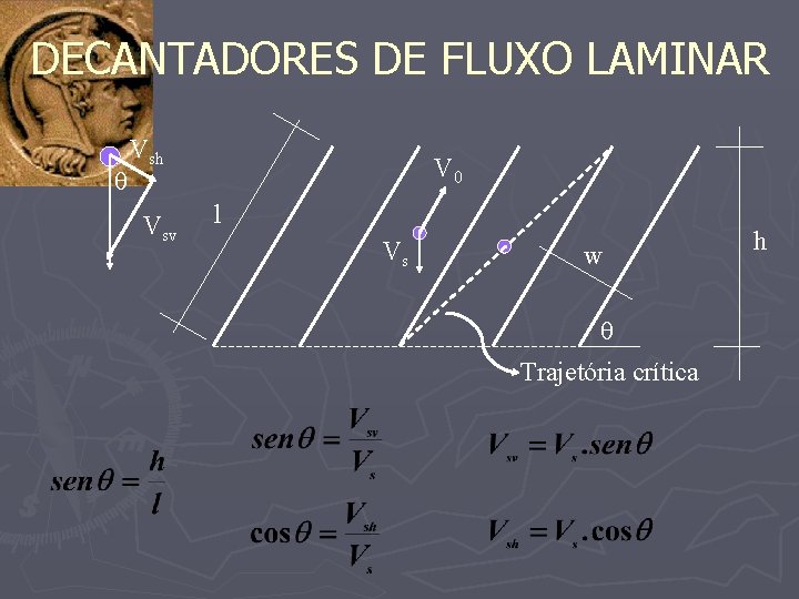 DECANTADORES DE FLUXO LAMINAR Vsh Vsv V 0 l Vs w Trajetória crítica h