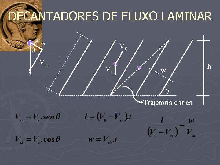 DECANTADORES DE FLUXO LAMINAR Vsh Vsv V 0 l Vs w Trajetória crítica h