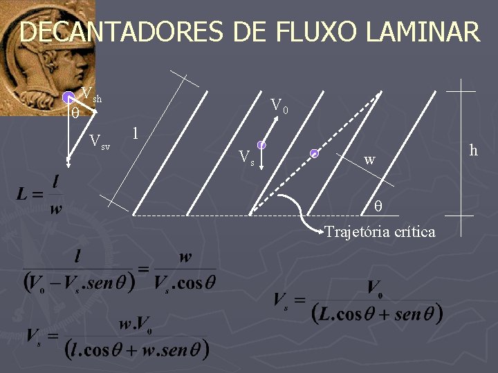 DECANTADORES DE FLUXO LAMINAR Vsh Vsv V 0 l Vs w Trajetória crítica h