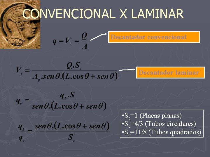 CONVENCIONAL X LAMINAR Decantador convencional Decantador laminar • Sc=1 (Placas planas) • Sc=4/3 (Tubos