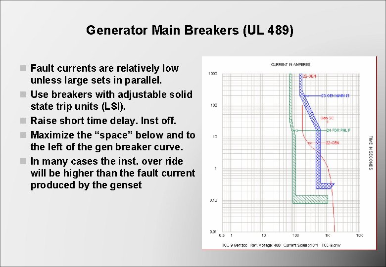 Generator Main Breakers (UL 489) n Fault currents are relatively low unless large sets Generator Main Breakers (UL 489) n Fault currents are relatively low unless large sets