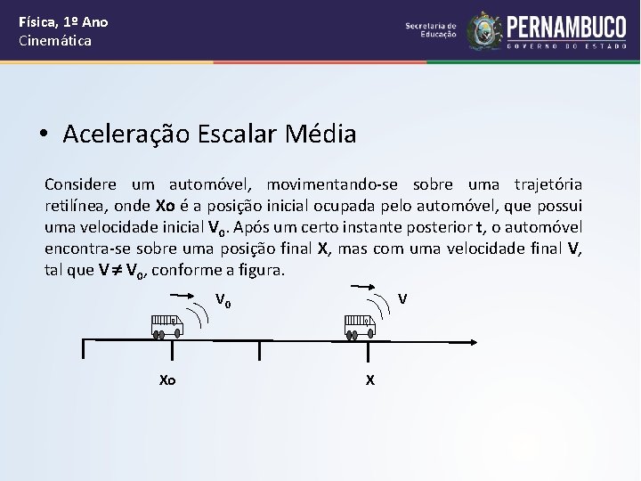 Física, 1º Ano Cinemática • Aceleração Escalar Média Considere um automóvel, movimentando-se sobre uma