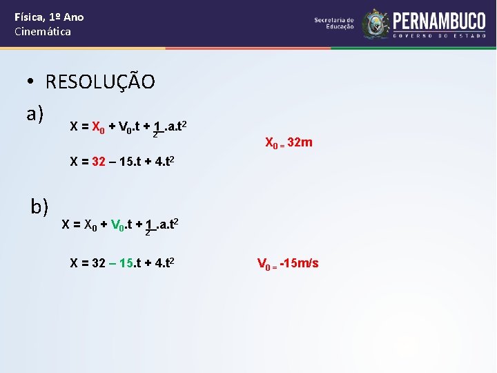 Física, 1º Ano Cinemática • RESOLUÇÃO a) X = X + V. t +