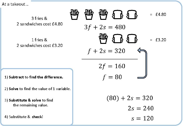 At a takeout… 3 fries & 2 sandwiches cost £ 4. 80 1 fries
