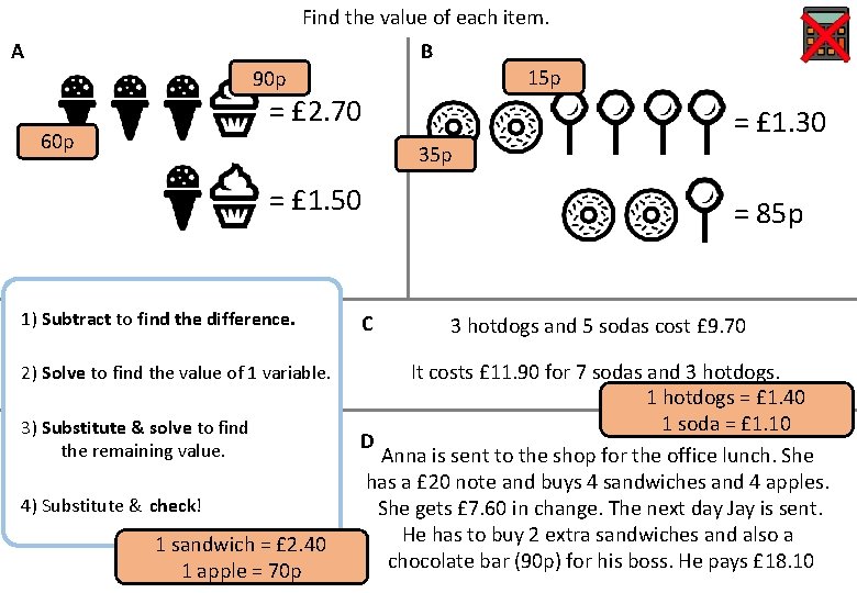 Find the value of each item. A B 15 p 90 p = £