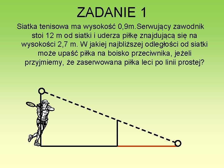 ZADANIE 1 Siatka tenisowa ma wysokość 0, 9 m. Serwujący zawodnik stoi 12 m