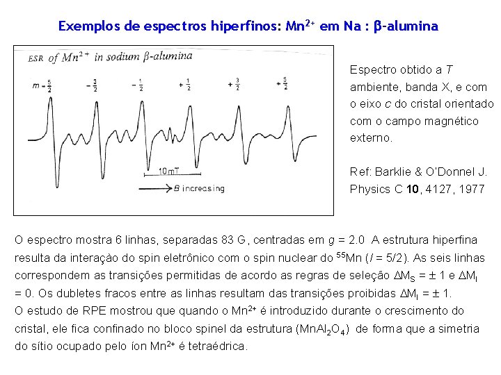 Exemplos de espectros hiperfinos: Mn 2+ em Na : -alumina Espectro obtido a T