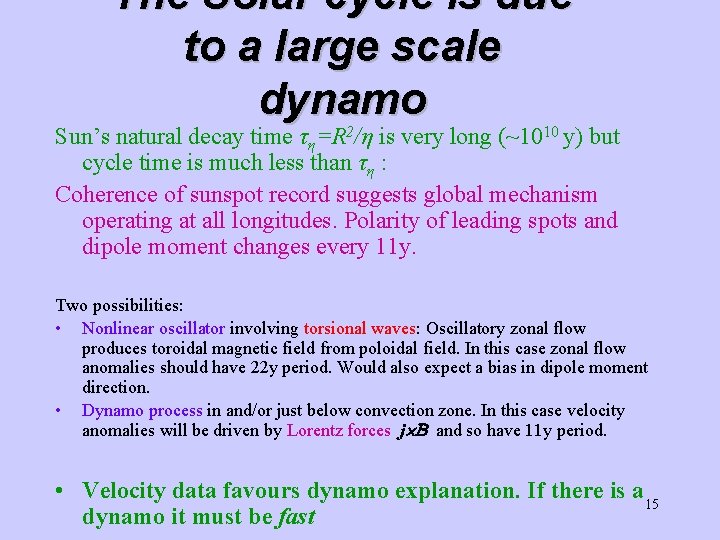 The Solar cycle is due to a large scale dynamo Sun’s natural decay time The Solar cycle is due to a large scale dynamo Sun’s natural decay time