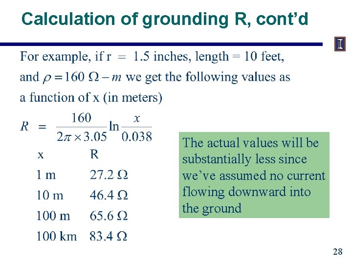 Calculation of grounding R, cont’d The actual values will be substantially less since we’ve