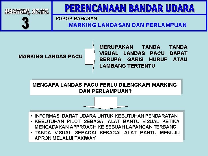 POKOK BAHASAN: MARKING LANDASAN DAN PERLAMPUAN MARKING LANDAS PACU MERUPAKAN TANDA VISUAL LANDAS PACU