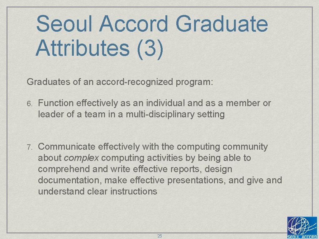 Seoul Accord Graduate Attributes (3) Graduates of an accord-recognized program: 6. Function effectively as