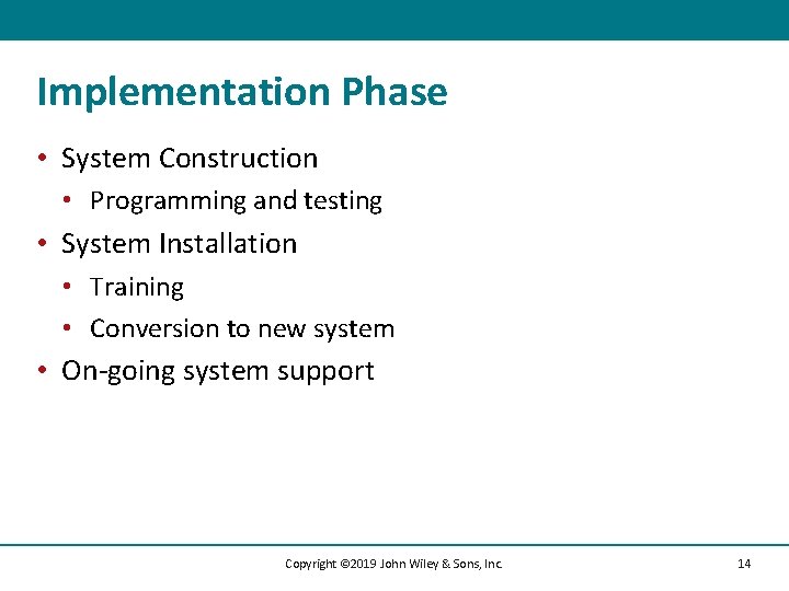 Implementation Phase • System Construction • Programming and testing • System Installation • Training