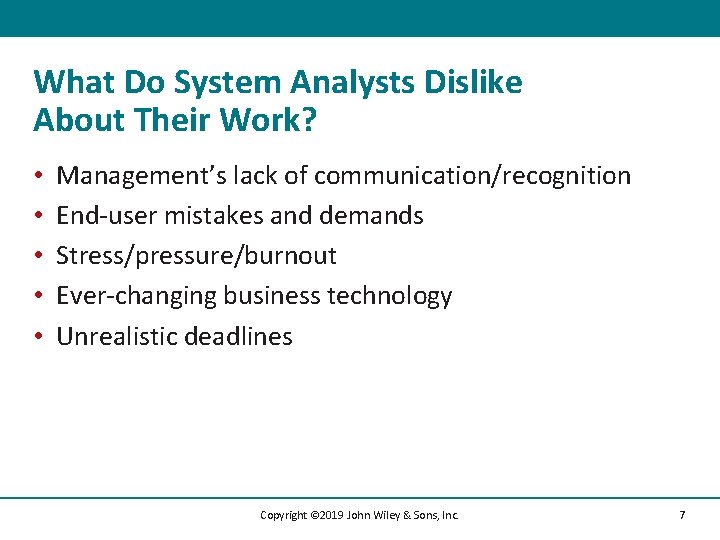 What Do System Analysts Dislike About Their Work? • • • Management’s lack of