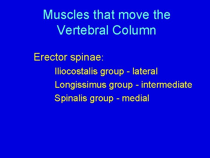 Muscles that move the Vertebral Column Erector spinae: Iliocostalis group - lateral Longissimus group