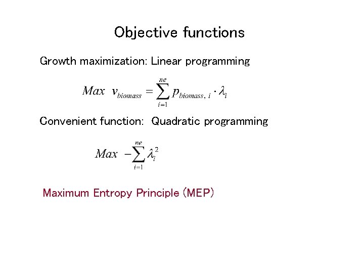 Objective functions Growth maximization: Linear programming Convenient function: Quadratic programming Maximum Entropy Principle (MEP)