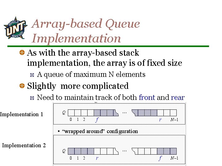 Array-based Queue Implementation As with the array-based stack implementation, the array is of fixed