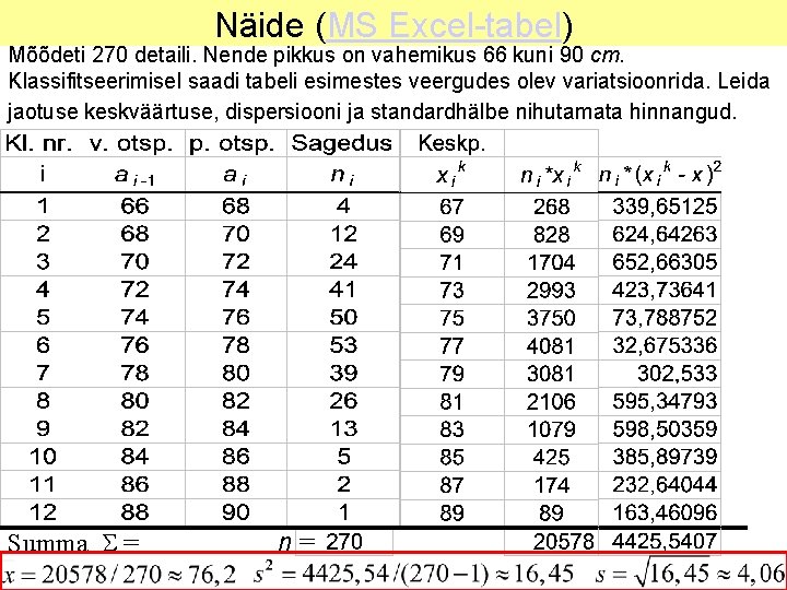 Näide (MS Excel-tabel) Mõõdeti 270 detaili. Nende pikkus on vahemikus 66 kuni 90 cm.