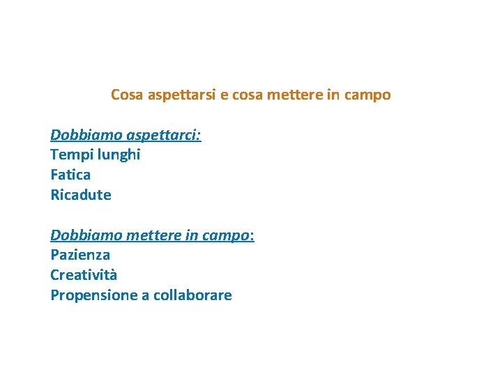 Cosa aspettarsi e cosa mettere in campo Dobbiamo aspettarci: Tempi lunghi Fatica Ricadute Dobbiamo